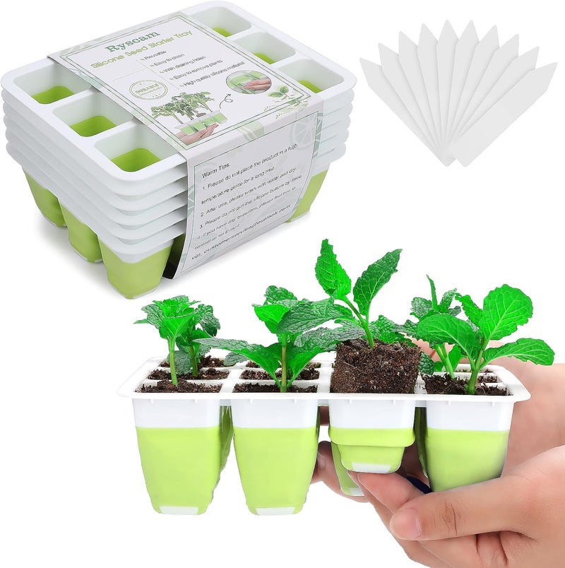 Ryscam 6pcs Reusable Seed Starter Kit, 72 Cells Seed Starter Trays, Silicone Seedling Starter Trays for Starting Plant Seeds with Flexible pop-Out Cells, Indoor Gardening Plant Germination Trays - Image 1